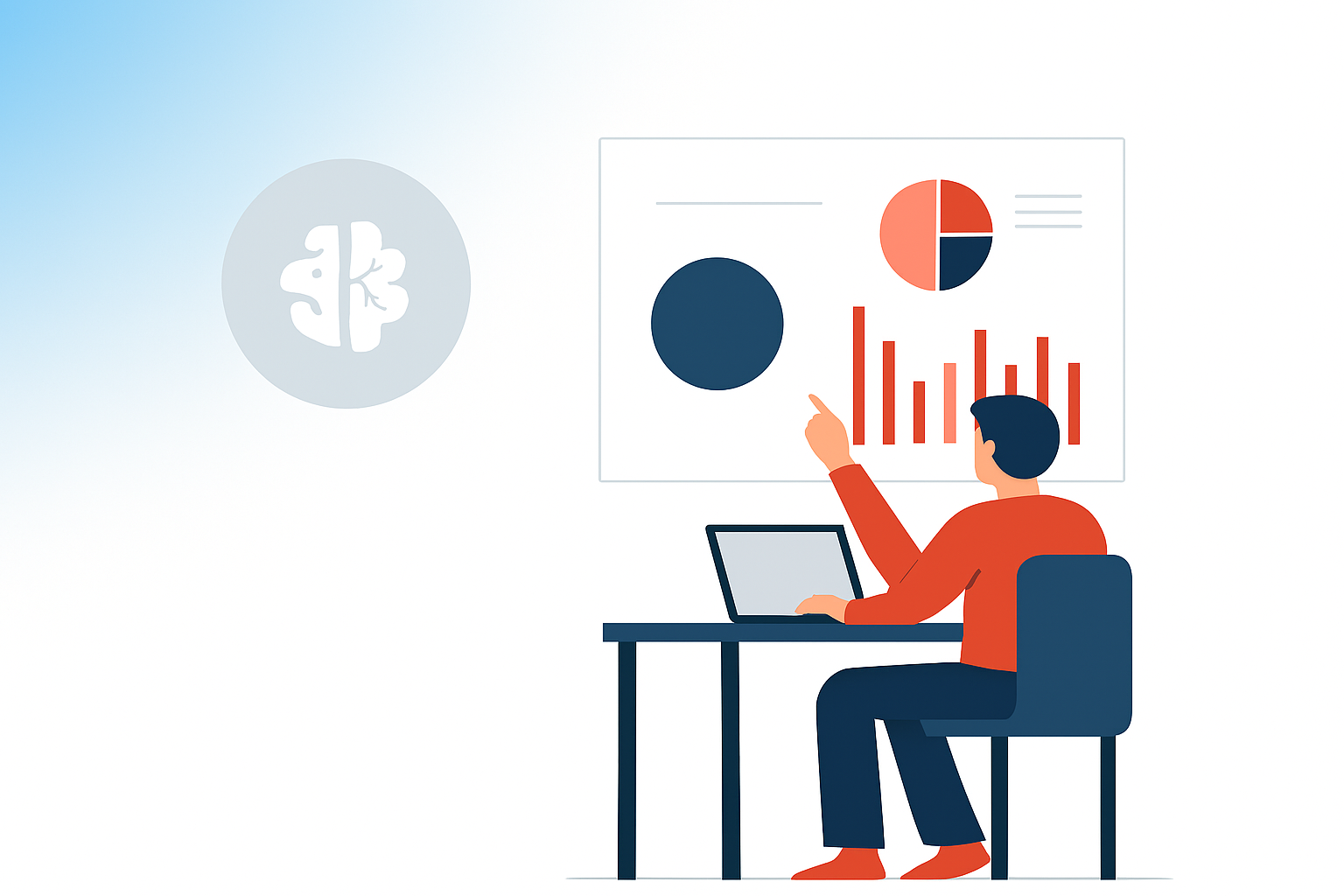 Stylized illustration of professionals analyzing AI-generated data and dashboards
